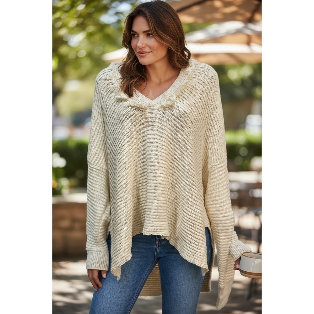BIBI Cream V Neck Fringe Detail Oversized Poncho Sweater Knit Top‎ XL
